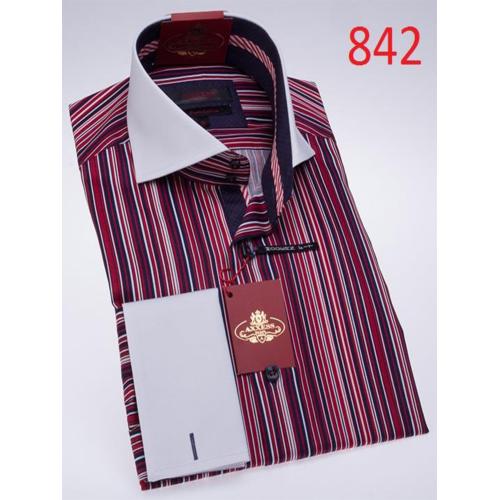 Axxess Burgundy Multi Color Stripes Cotton Modern Fit Dress Shirt 842